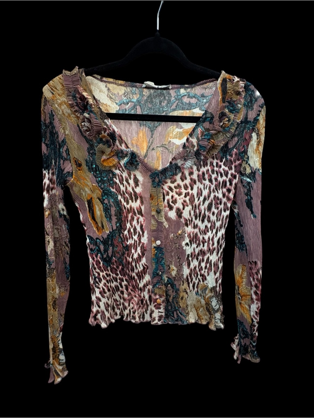 Alberto Makali Multi-Print Ruffle V-Neck Button Front Top - Brown Pink Green